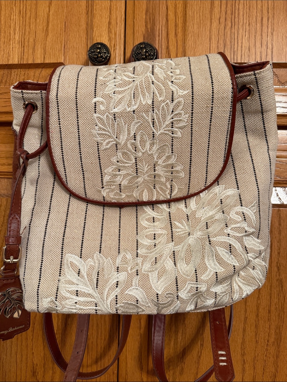 Tommy Bahama Embroidered Canvas Backpack - Cream with Brown Trim